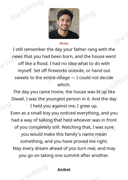Uncle to Nephew letter frame in English, shown with an example photo and name