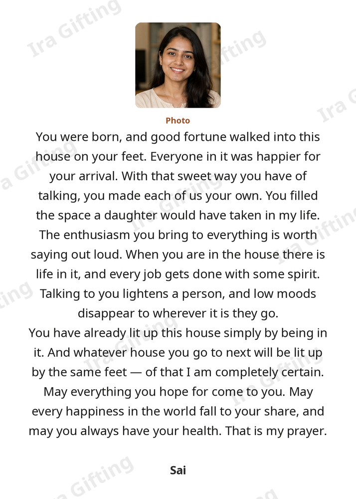 Aunt to Niece letter frame in English, shown with an example photo and name