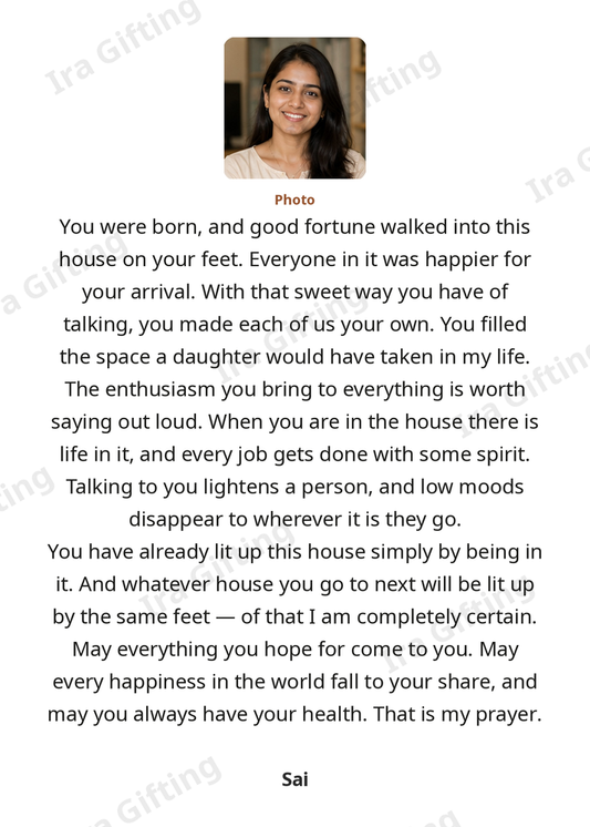 Aunt to Niece letter frame in English, shown with an example photo and name
