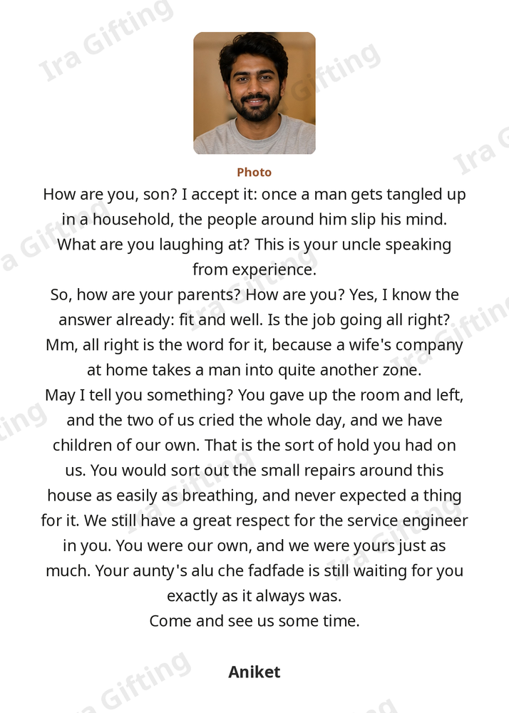 Landlord to Tenant letter frame in English, shown with an example photo and name