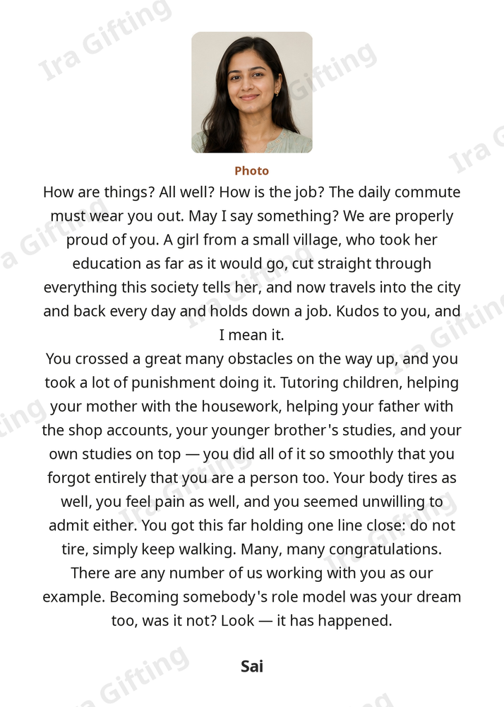 Cousin to Cousin letter frame in English, shown with an example photo and name