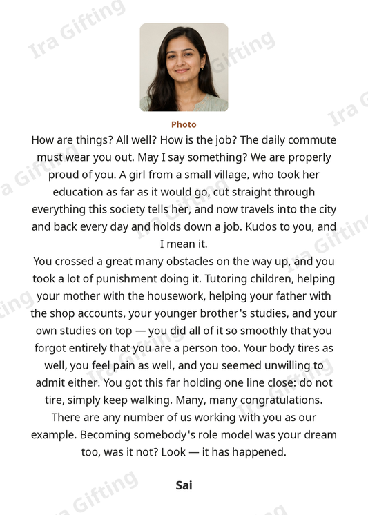 Cousin to Cousin letter frame in English, shown with an example photo and name