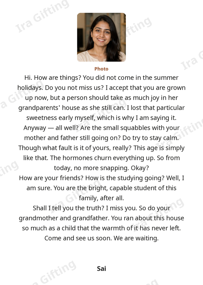 Aunt to Niece letter frame in English, shown with an example photo and name