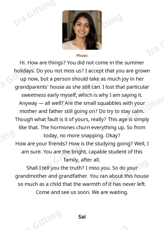Aunt to Niece letter frame in English, shown with an example photo and name