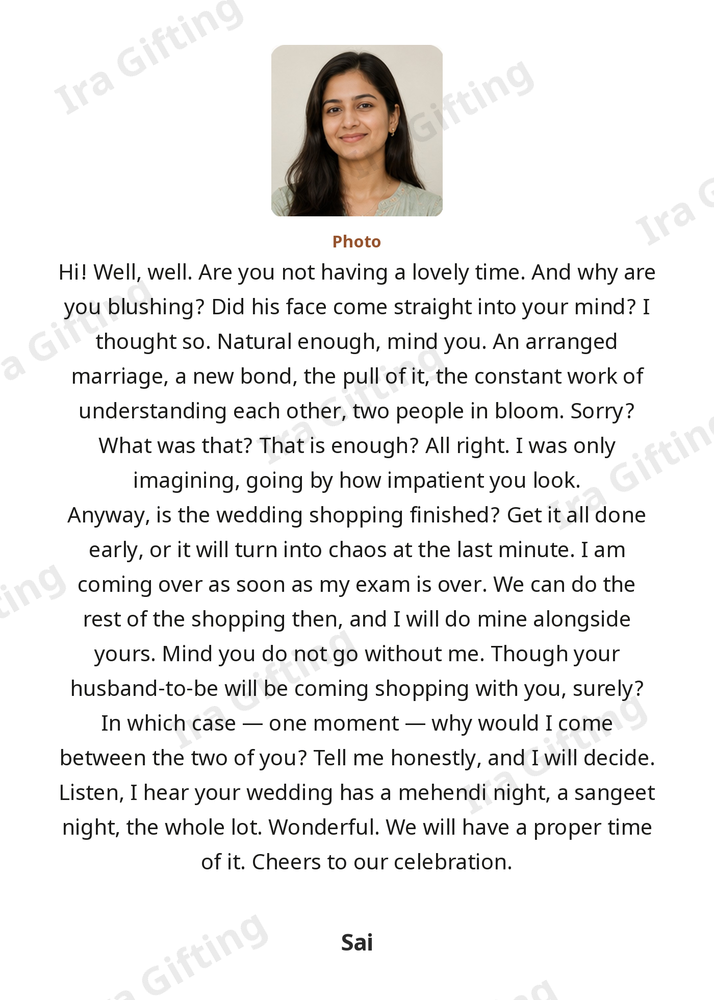 Cousin to Cousin letter frame in English, shown with an example photo and name