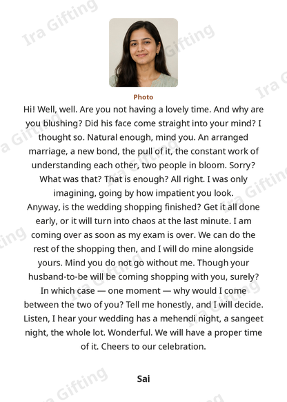 Cousin to Cousin letter frame in English, shown with an example photo and name