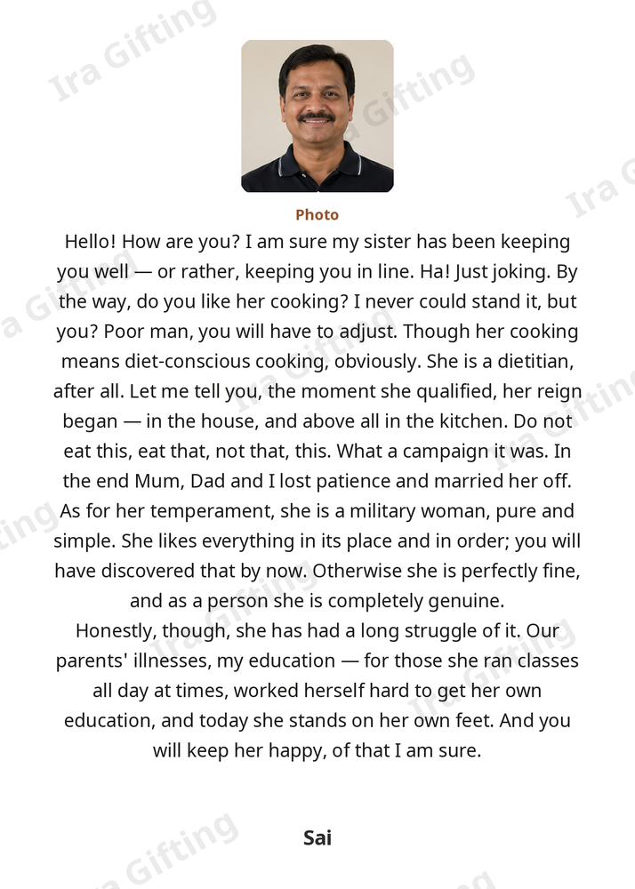Sister-in-law to Brother-in-law letter frame in English, shown with an example photo and name