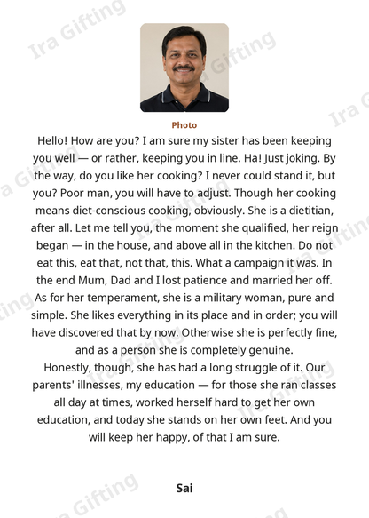 Sister-in-law to Brother-in-law letter frame in English, shown with an example photo and name