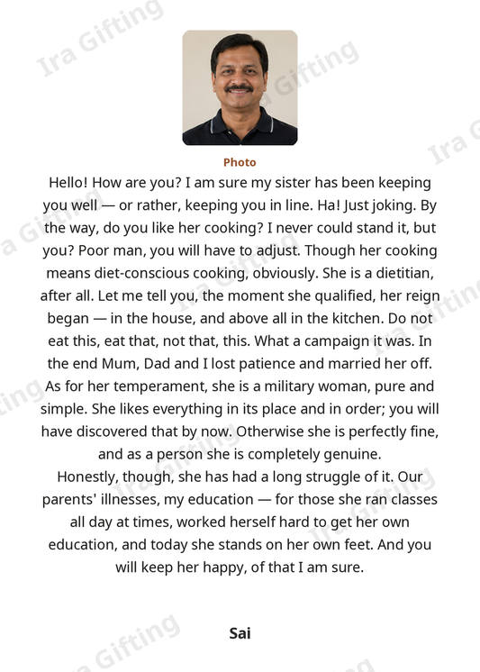 Sister-in-law to Brother-in-law letter frame in English, shown with an example photo and name