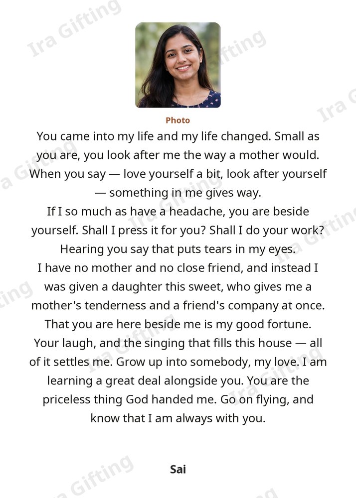 Mom to Daughter letter frame in English, shown with an example photo and name
