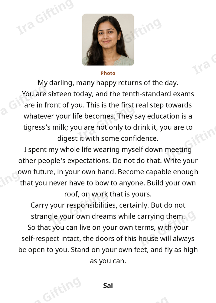 Mom to Daughter letter frame in English, shown with an example photo and name