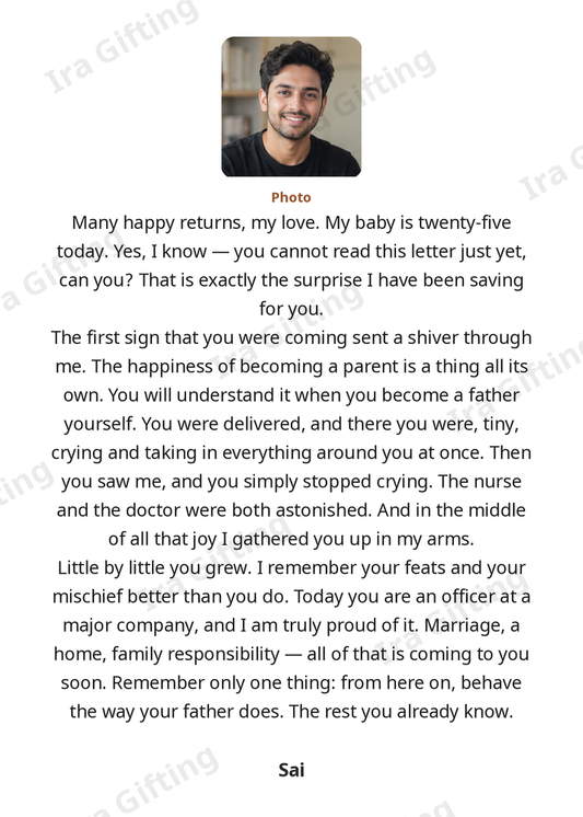 Mom to Son letter frame in English, shown with an example photo and name