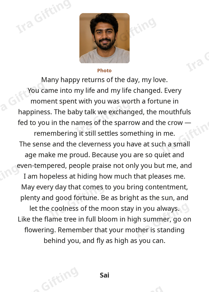Mom to Son letter frame in English, shown with an example photo and name
