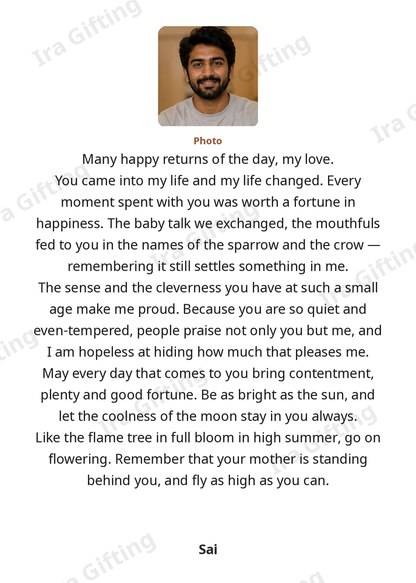 Mom to Son letter frame in English, shown with an example photo and name