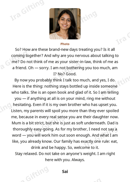Sister-in-law to Sister-in-law letter frame in English, shown with an example photo and name