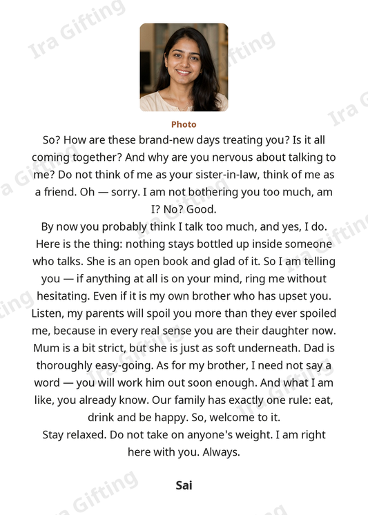 Sister-in-law to Sister-in-law letter frame in English, shown with an example photo and name