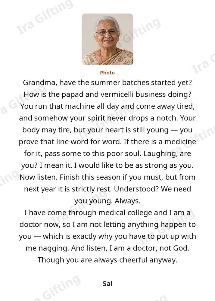 Granddaughter to Grandmother letter frame in English, shown with an example photo and name