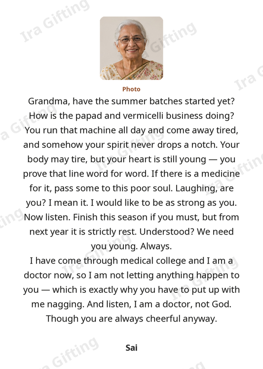Granddaughter to Grandmother letter frame in English, shown with an example photo and name