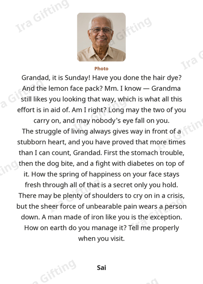 Granddaughter to Grandfather letter frame in English, shown with an example photo and name