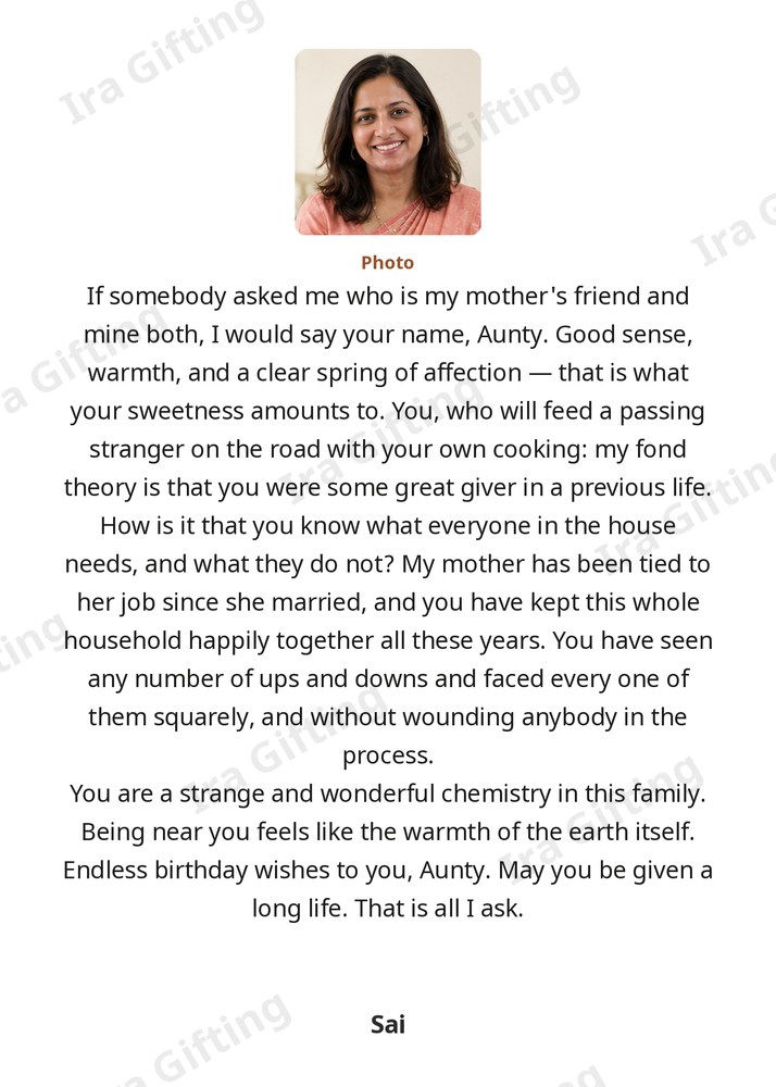 Niece to Aunt letter frame in English, shown with an example photo and name