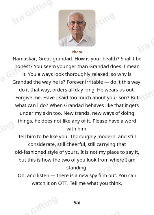 Great-granddaughter to Great-grandfather letter frame in English, shown with an example photo and name