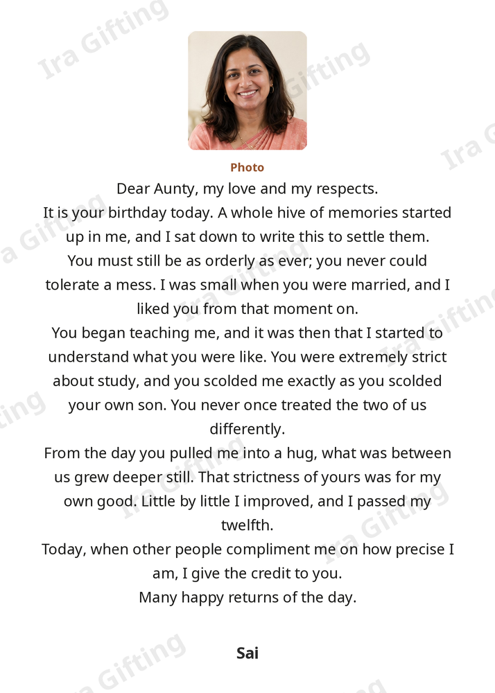 Niece to Aunt letter frame in English, shown with an example photo and name