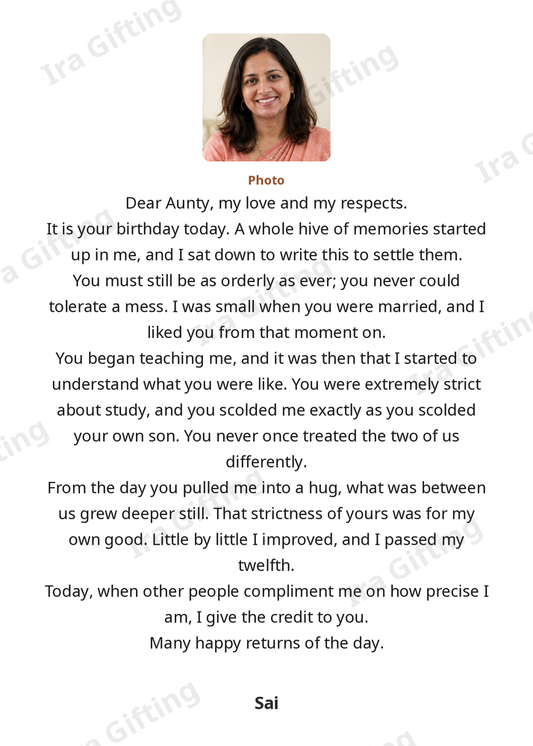 Niece to Aunt letter frame in English, shown with an example photo and name