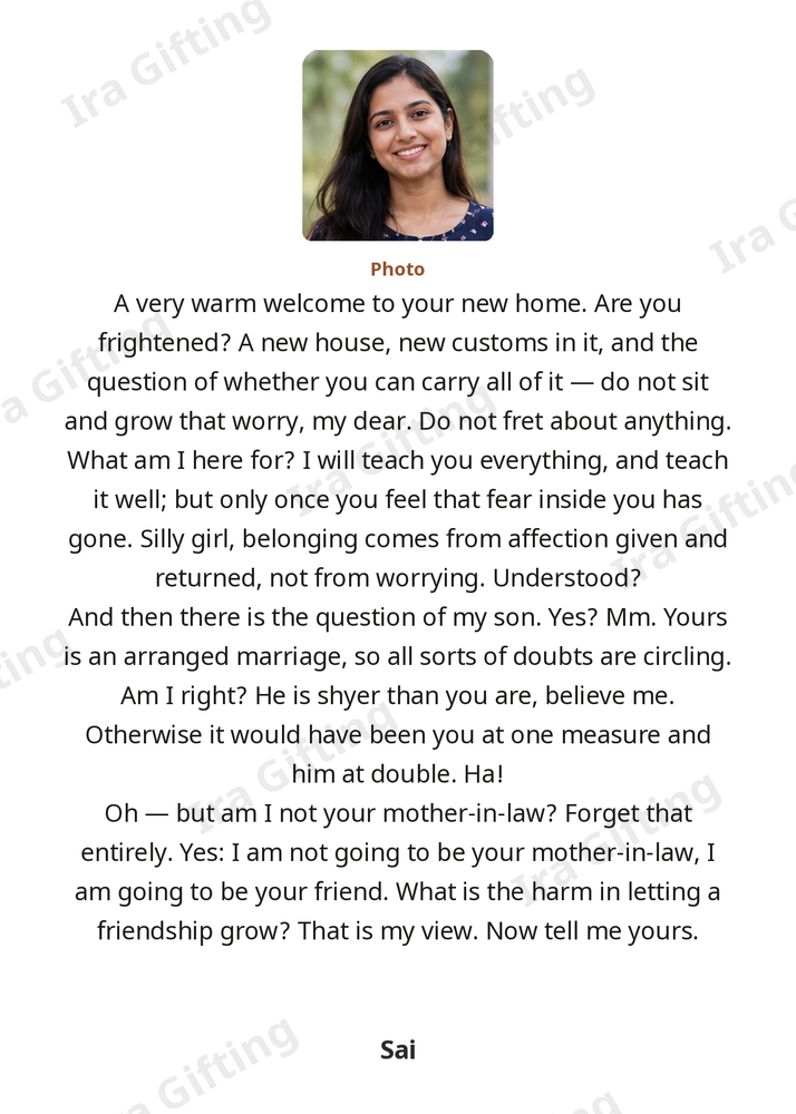 Mother-in-law to Daughter-in-law letter frame in English, shown with an example photo and name