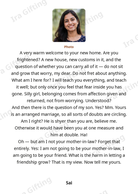 Mother-in-law to Daughter-in-law letter frame in English, shown with an example photo and name