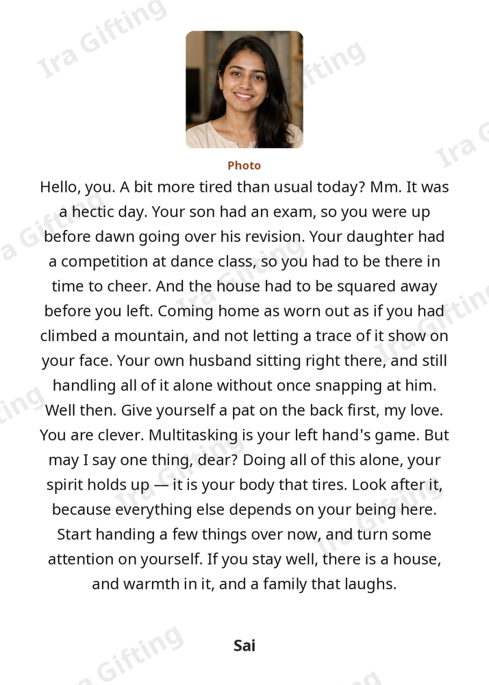 Self to Self letter frame in English, shown with an example photo and name