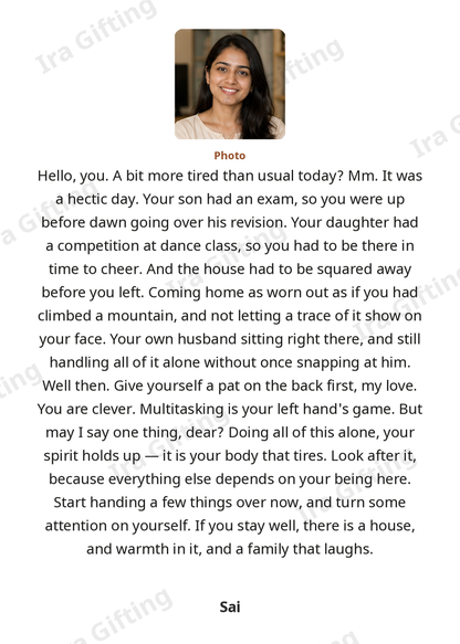 Self to Self letter frame in English, shown with an example photo and name