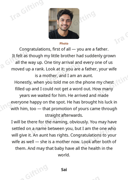 Sister to Brother letter frame in English, shown with an example photo and name