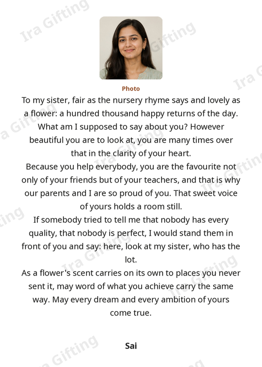 Sister to Sister letter frame in English, shown with an example photo and name