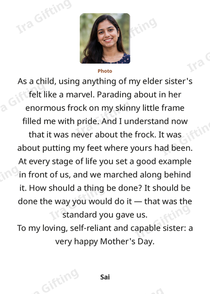 Sister to Sister letter frame in English, shown with an example photo and name