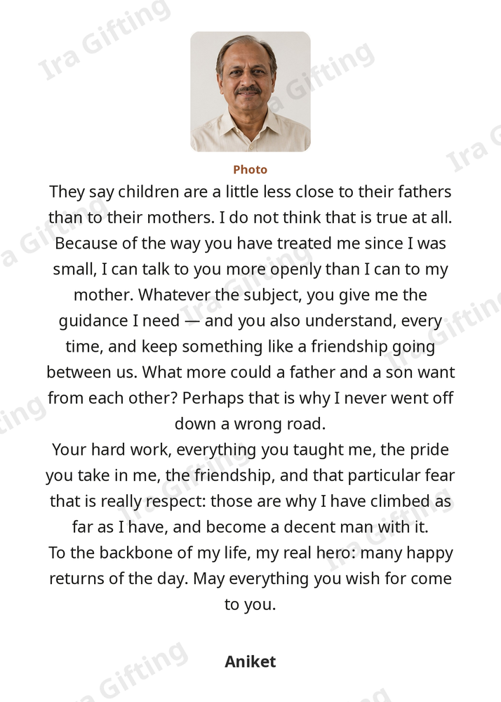 Son to Dad letter frame in English, shown with an example photo and name