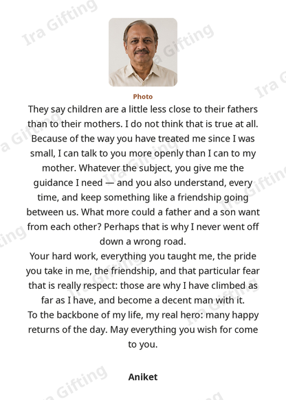 Son to Dad letter frame in English, shown with an example photo and name