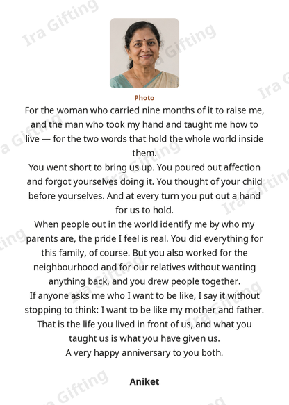 Son to Mom letter frame in English, shown with an example photo and name