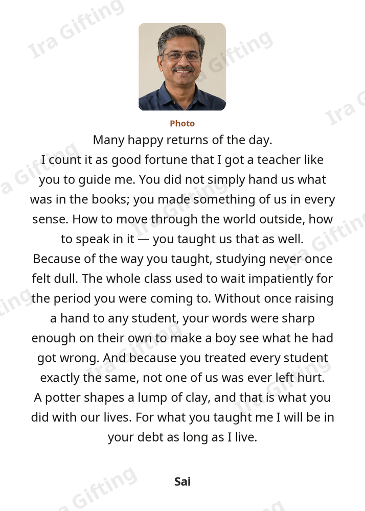 Student to Teacher letter frame in English, shown with an example photo and name