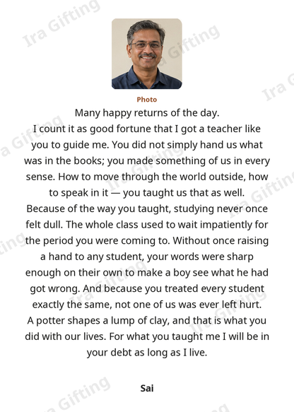 Student to Teacher letter frame in English, shown with an example photo and name