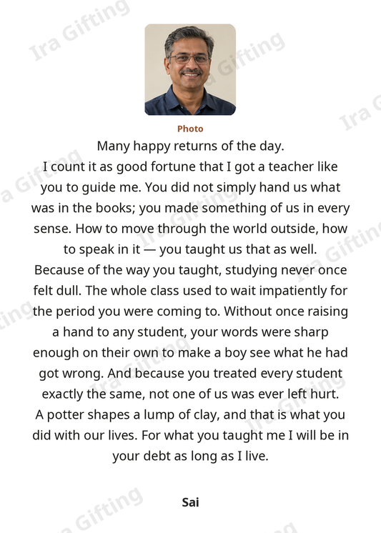 Student to Teacher letter frame in English, shown with an example photo and name
