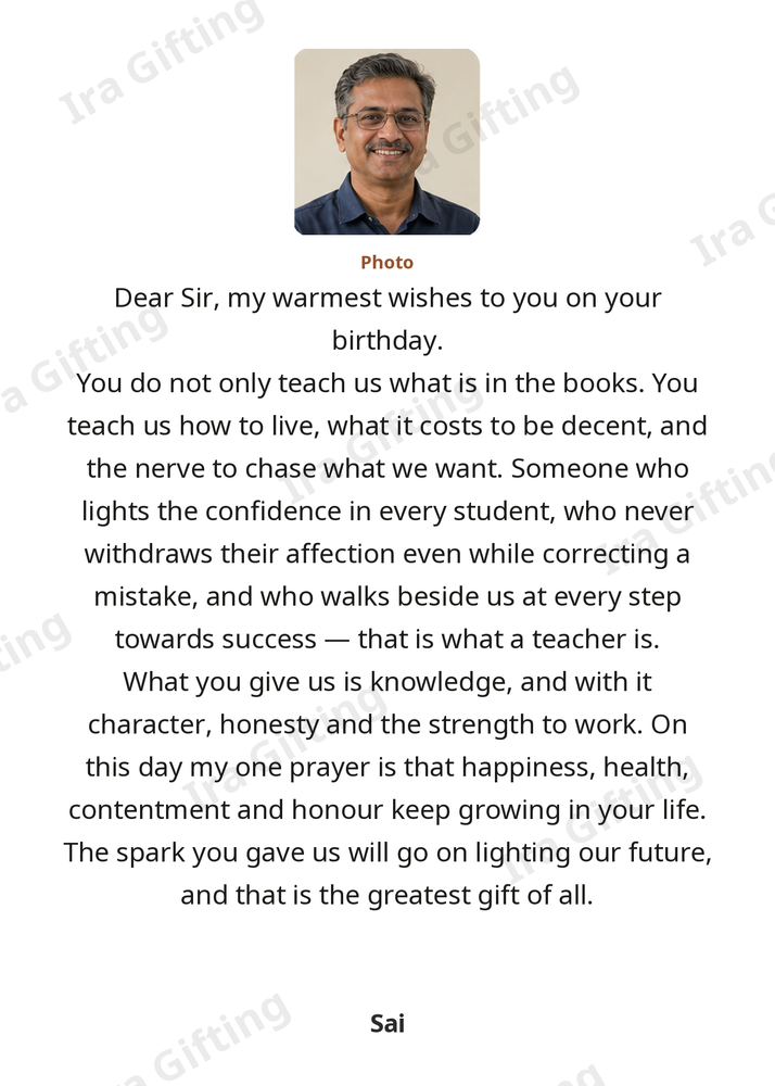 Student to Teacher letter frame in English, shown with an example photo and name