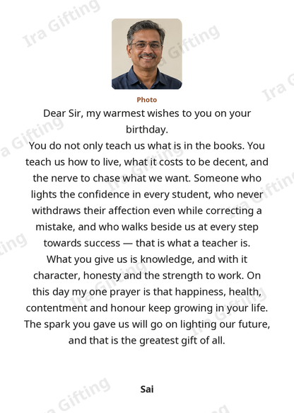 Student to Teacher letter frame in English, shown with an example photo and name