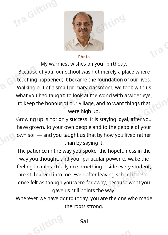 Student to Teacher letter frame in English, shown with an example photo and name