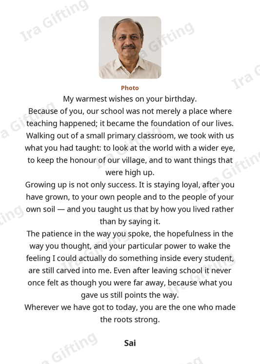 Student to Teacher letter frame in English, shown with an example photo and name