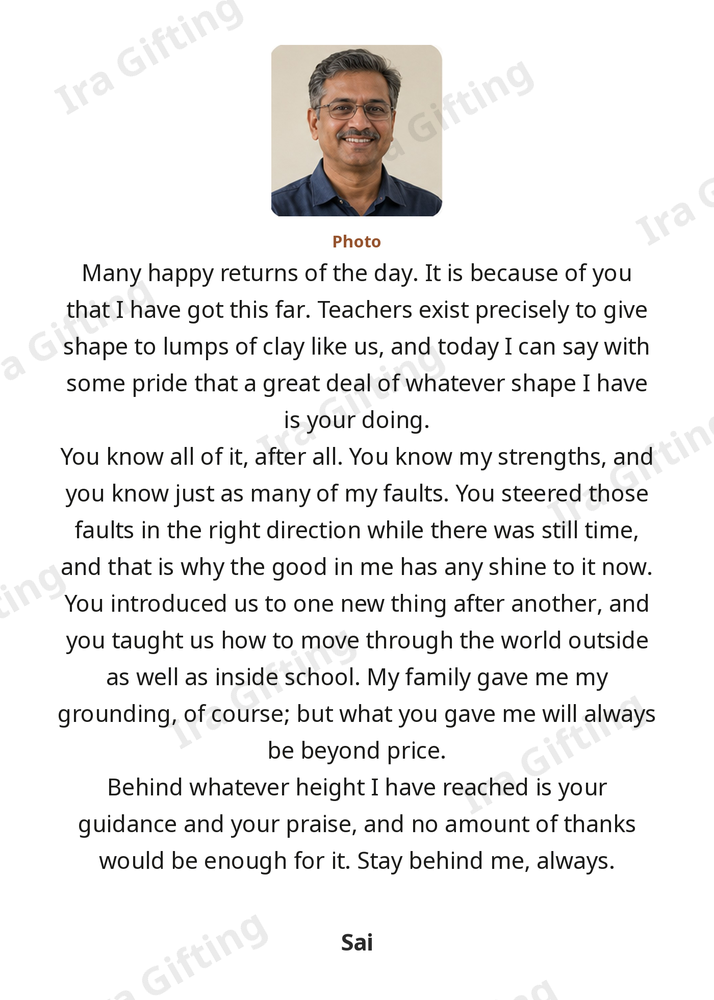 Student to Teacher letter frame in English, shown with an example photo and name