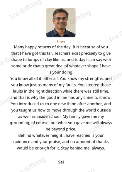 Student to Teacher letter frame in English, shown with an example photo and name