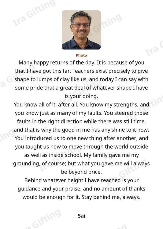 Student to Teacher letter frame in English, shown with an example photo and name