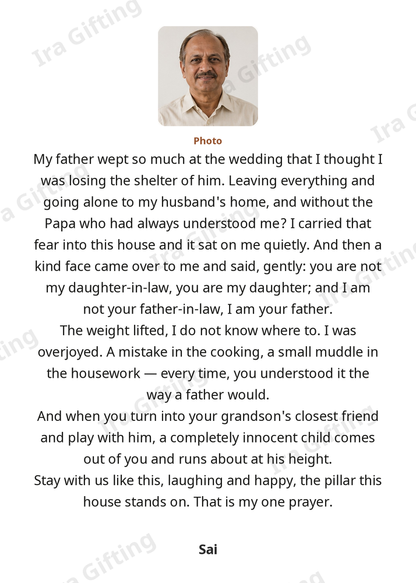 Daughter-in-law to Father-in-law letter frame in English, shown with an example photo and name