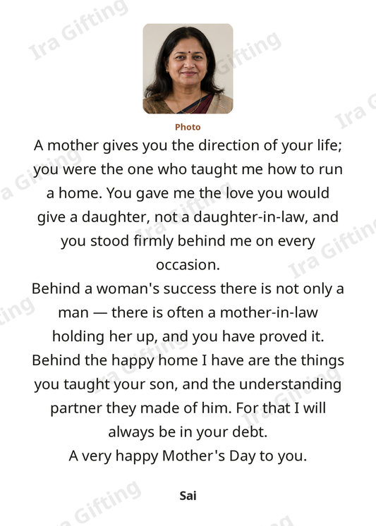 Daughter-in-law to Mother-in-law letter frame in English, shown with an example photo and name