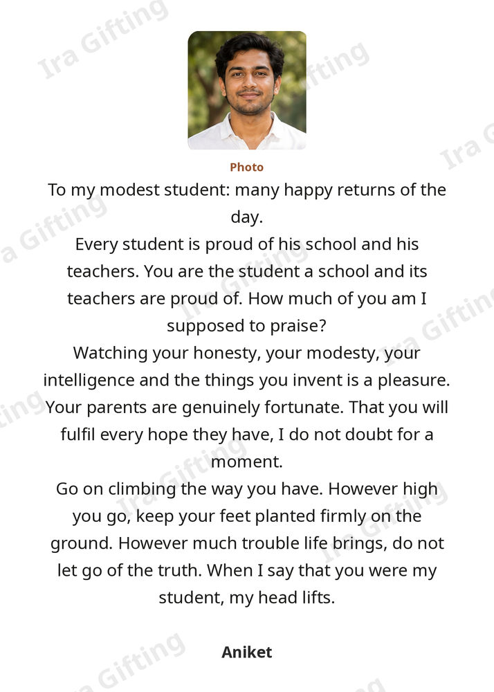 Teacher to Student letter frame in English, shown with an example photo and name